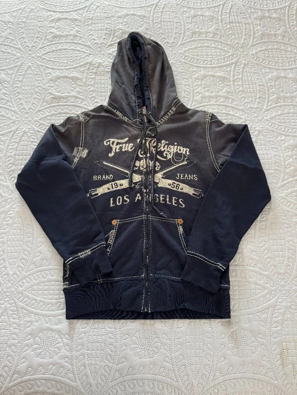 Vintage True Religion Whipstitch Big T Hoodie Switchblade Retail $419 MEDIUM